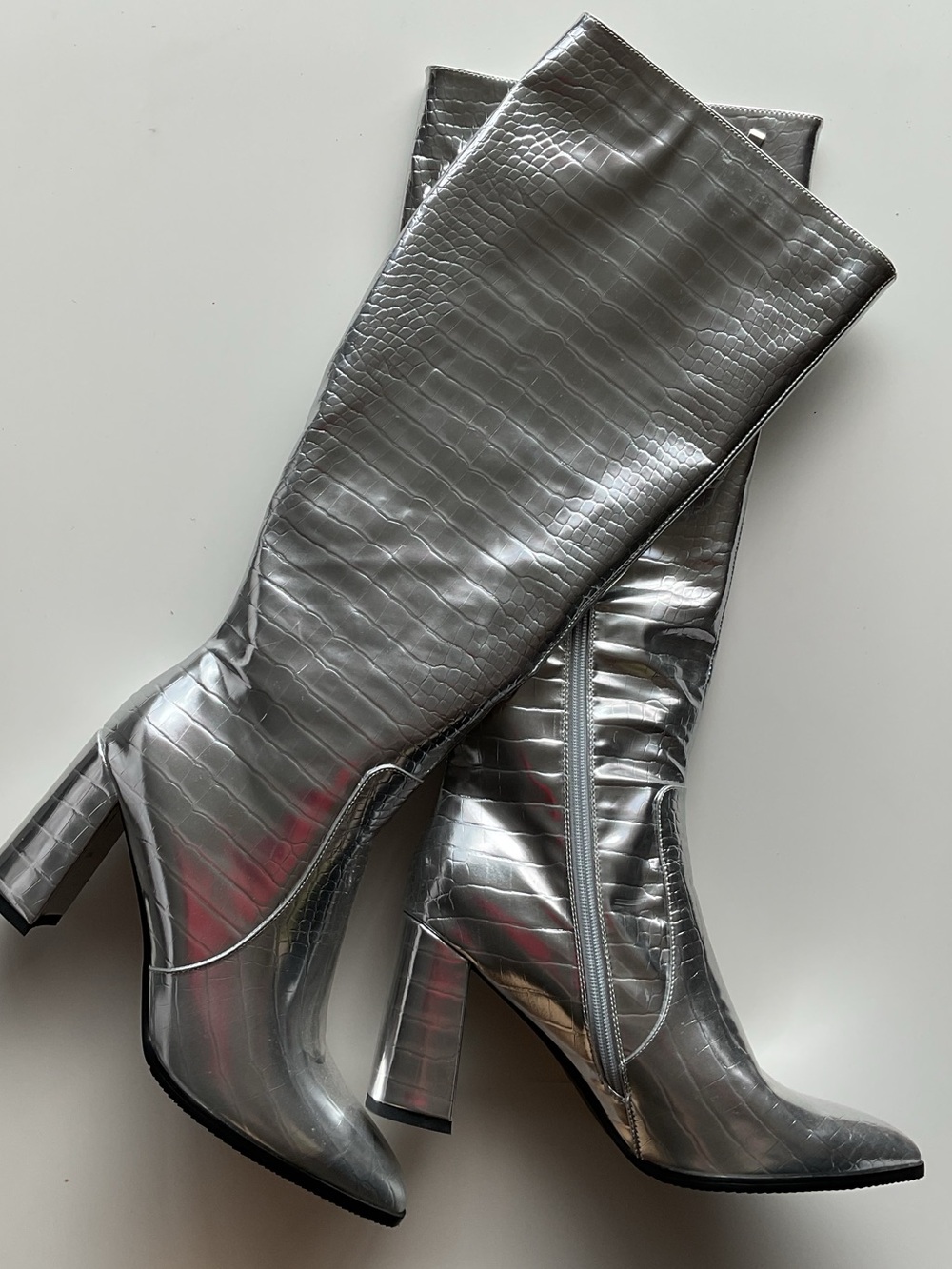 Women's Silver Croc-Embossed Knee Boots
